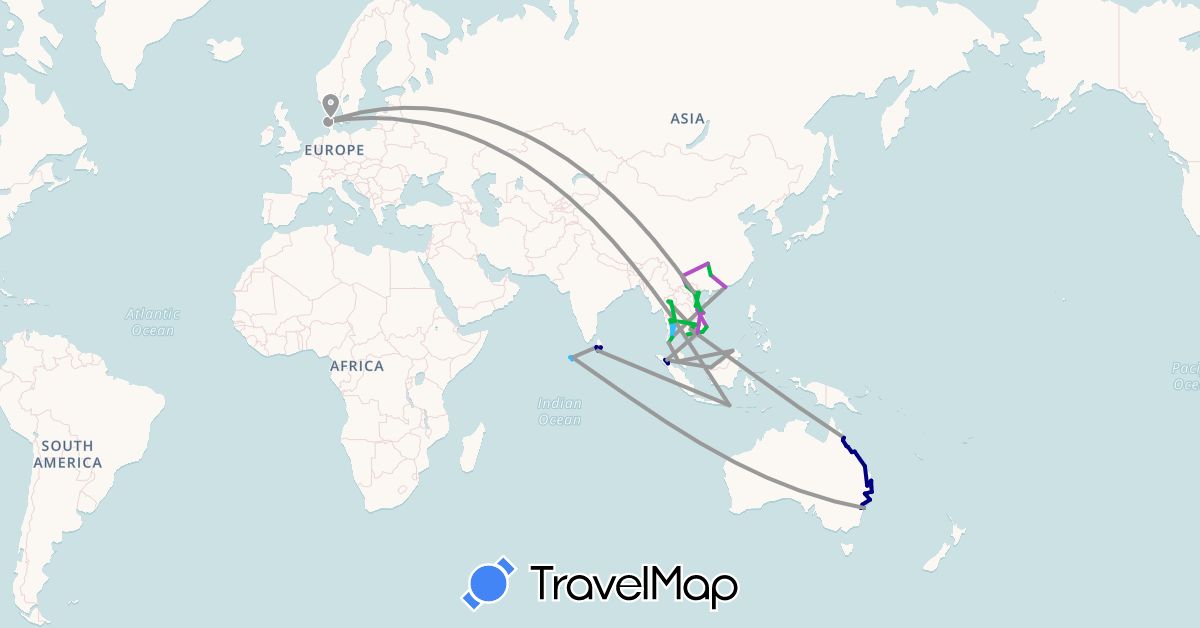 TravelMap itinerary: driving, bus, plane, train, boat in Australia, China, Denmark, Indonesia, Cambodia, Sri Lanka, Maldives, Malaysia, Thailand, Vietnam (Asia, Europe, Oceania)